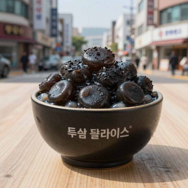 투썸 플레이스 흑임자 팥빙수의 검은 소보루와 인절미 떡이 올려진 모습