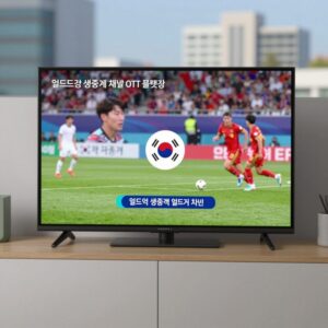 월드컵 생중계 채널과 OTT 플랫폼 화면을 보여주는 이미지. TV와 스마트폰 화면에 축구 경기가 나오며 중계 채널 로고가 표시됨