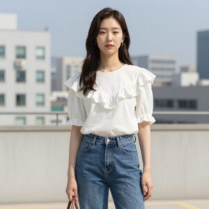 아브컬렉션 러플 블라우스를 청바지와 매치한 스타일링 사진