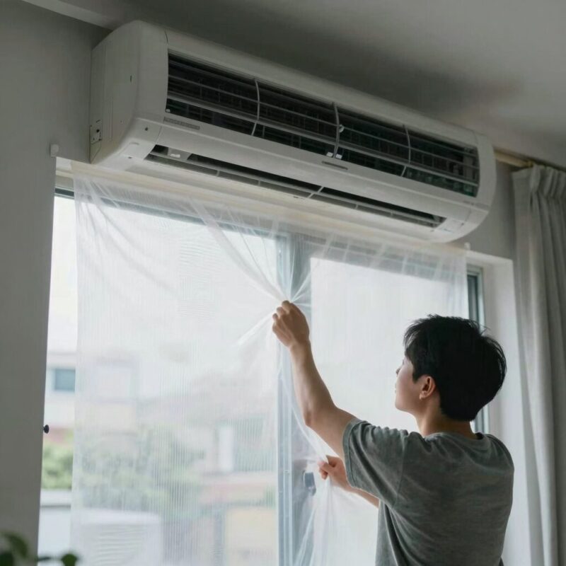 벽걸이에어컨냄새 원인과 확실한 제거 방법 1 에어컨 청소 후 창문 단열필름을 부착한 모습