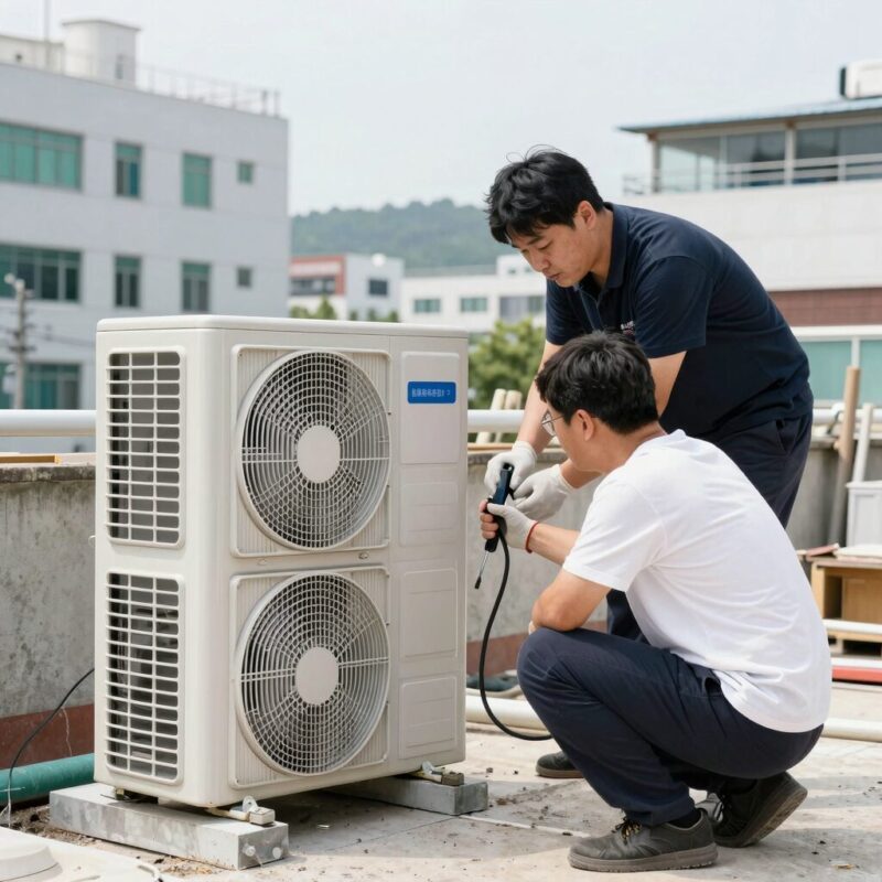 에어컨 실외기 설치 현장 사진 통풍 확보와 배관 연결 작업 모습