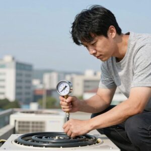 에어컨 냉매 충전 게이지와 호스 연결 모습