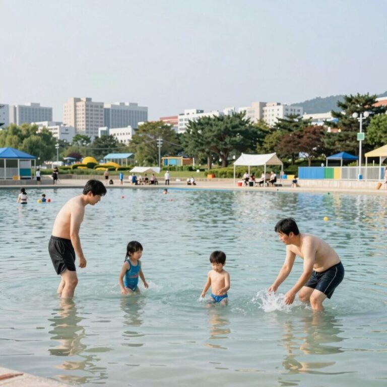 안양천 물놀이장에서 가족이 물놀이를 즐기는 모습