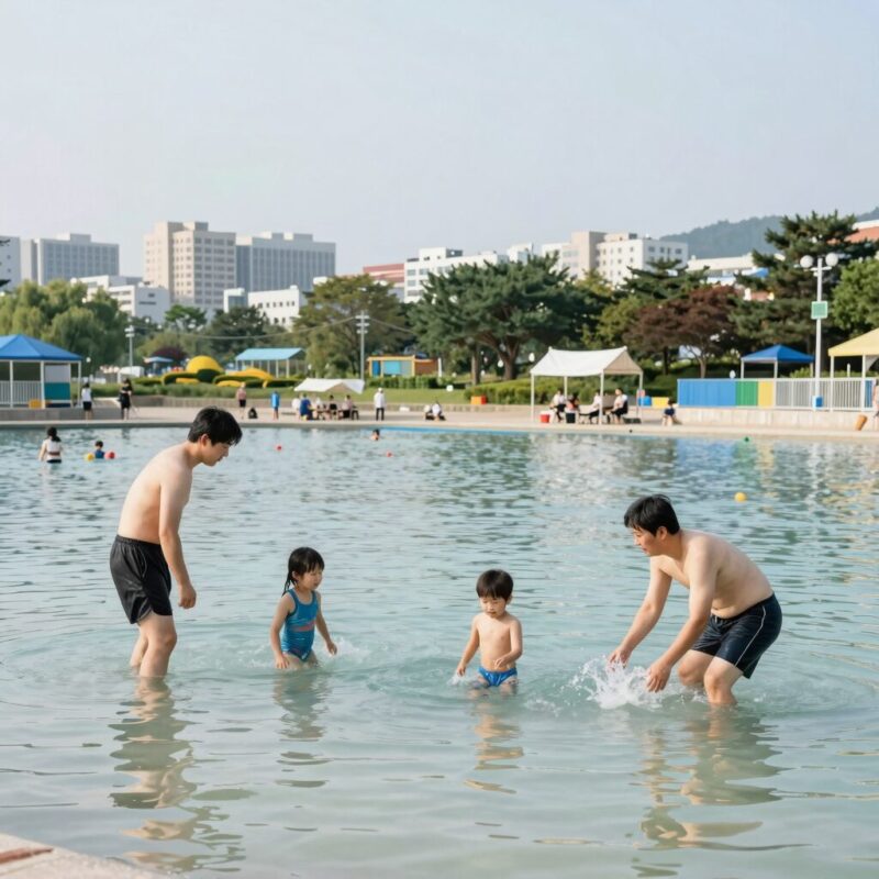 안양천 물놀이장에서 가족이 물놀이를 즐기는 모습