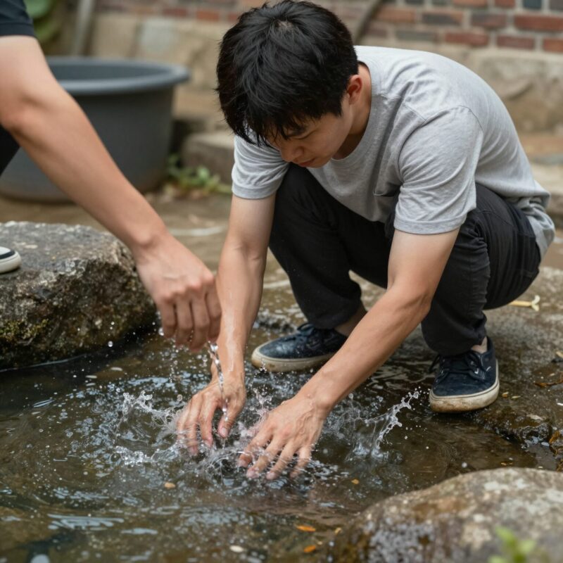 앵두 세척 후 물기 제거하는 모습