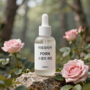 아로마티카 로즈마리 PDRN 스칼프 세럼 제품 사진. 38개 브러쉬 팁이 달린 헤드와 롤리 스타일의 용기가 특징이다.