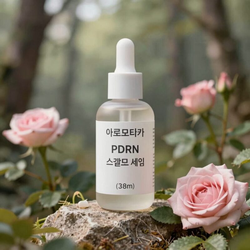 아로마티카 로즈마리 PDRN 스칼프 세럼 제품 사진. 38개 브러쉬 팁이 달린 헤드와 롤리 스타일의 용기가 특징이다.