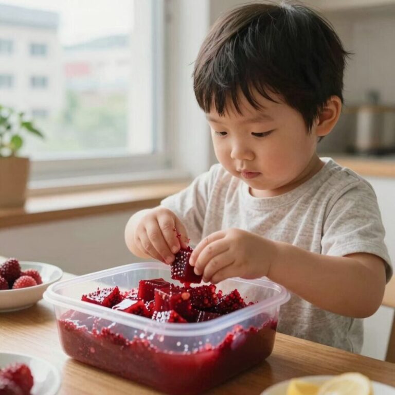 아기 이유식 자두 큐브 만드는 과정, 자두 퓨레를 큐브 틀에 담은 모습