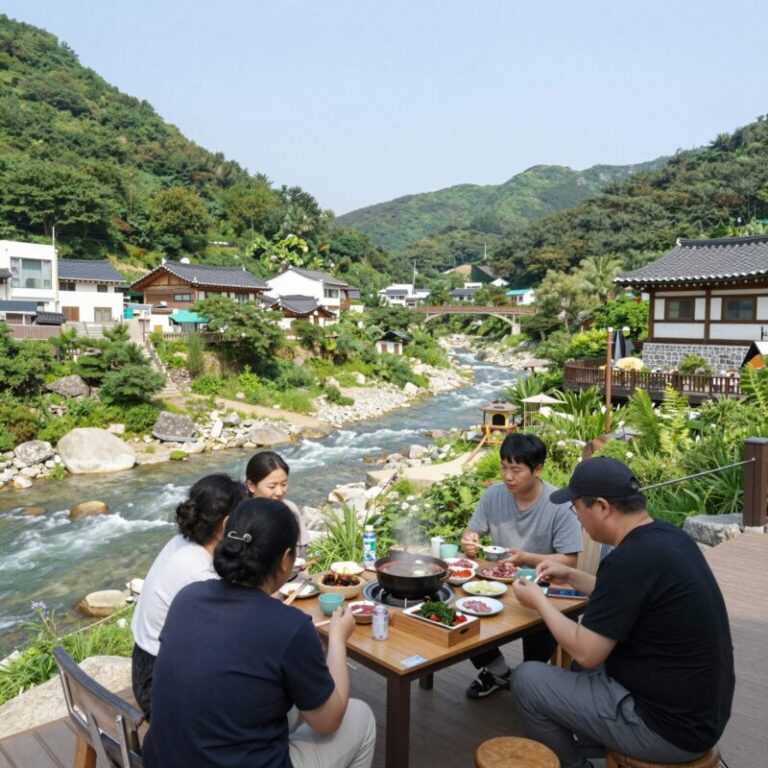 배내골펜션에서 바라본 계곡 전경과 바비큐 데크 모습