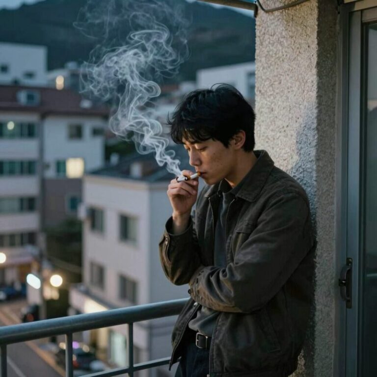 아파트 베란다에서 담배 피우는 사람과 연기가 베란다 밖으로 퍼져나가는 모습