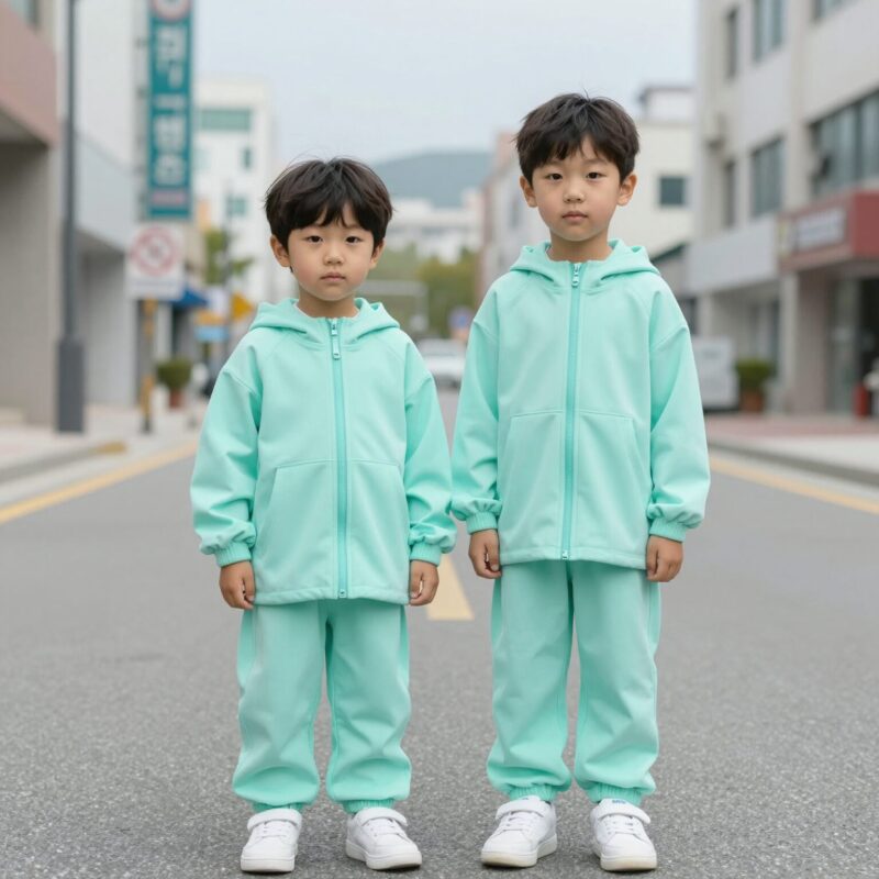 배럴 키즈 래쉬가드 후드집업 민트 컬러를 입은 아이의 모습. 루즈핏으로 여유 있게 잘 맞는다.