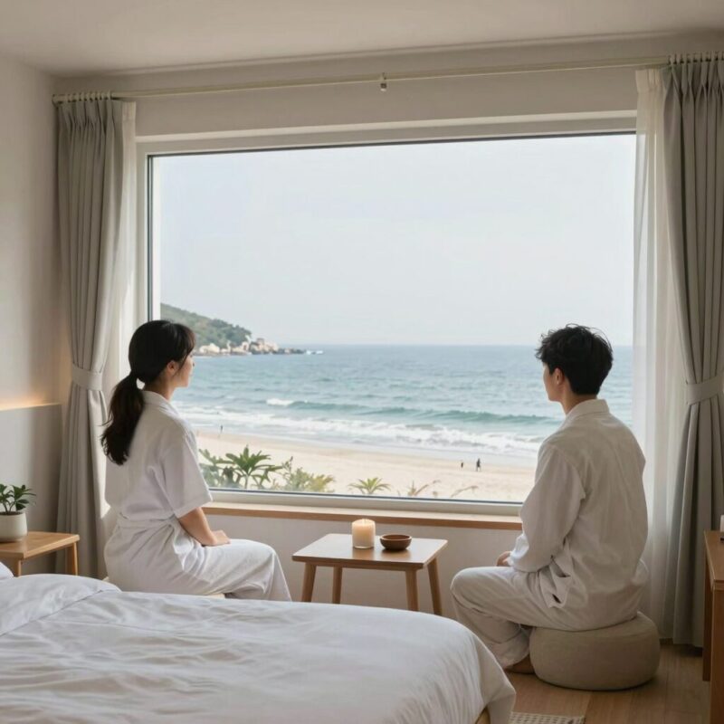 비놀리안펜션 복층 객실에서 바라본 바다와 개별 스파