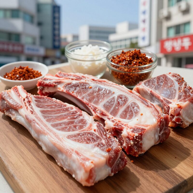 예산 소복갈비에 사용할 꼬리갈비와 양념 재료들이 준비된 모습