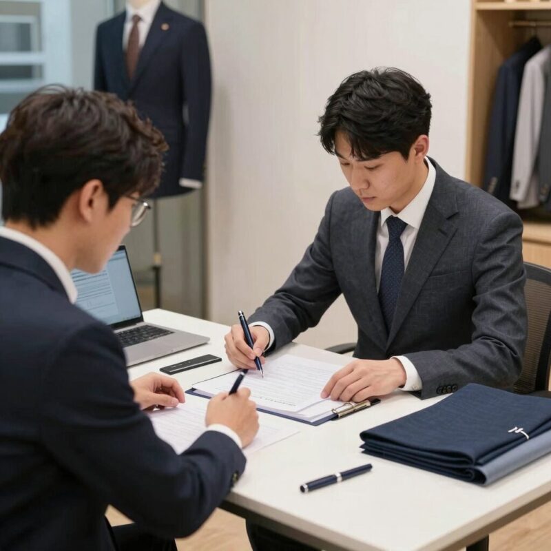 부산맞춤정장 해리슨테일러 상담 과정에서 원단을 비교하며 고르는 모습