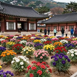 부산 태종사 수국축제 장면, 형형색색의 수국이 만개한 사찰 경내