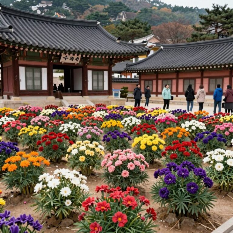 부산 태종사 수국축제 장면, 형형색색의 수국이 만개한 사찰 경내