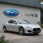 BYD 로고와 마세라티 로고가 나란히 배치된 이미지, 인수설 논란을 상징