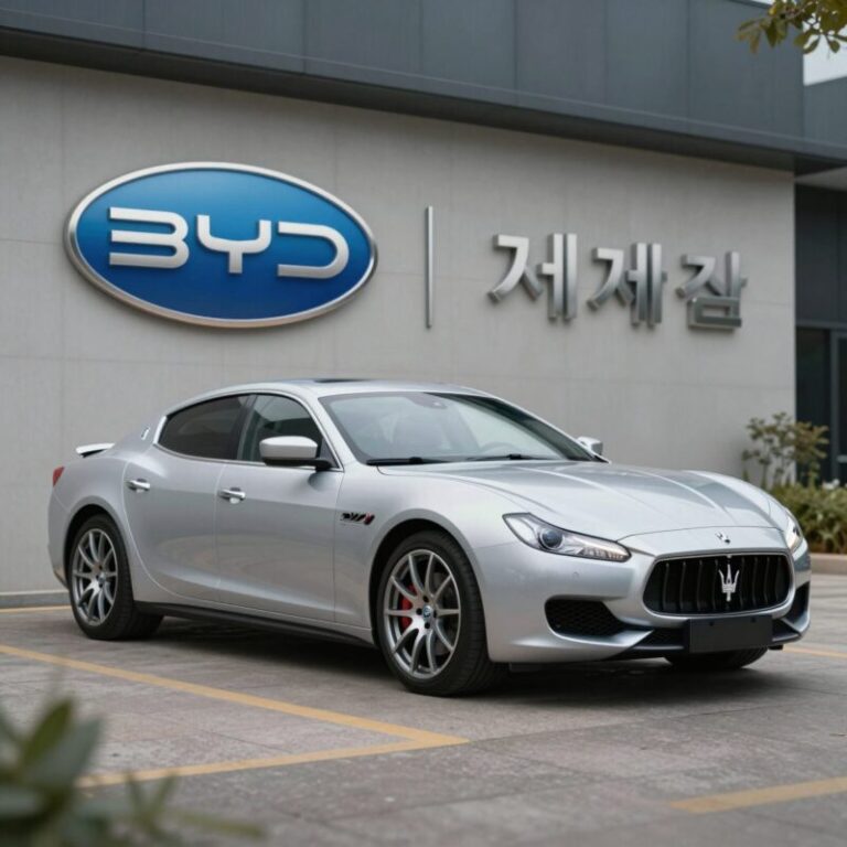 BYD 로고와 마세라티 로고가 나란히 배치된 이미지, 인수설 논란을 상징