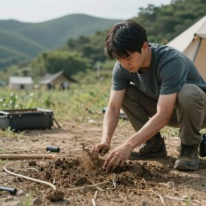 타프스트링을 관리하는 모습 흙을 털고 건조하는 캠핑 장면