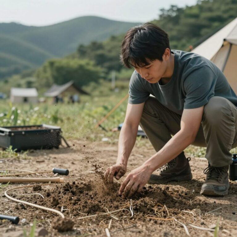 타프스트링을 관리하는 모습 흙을 털고 건조하는 캠핑 장면