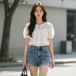 차정원 시스루 블라우스와 데님 쇼츠 코디 여름 스타일
