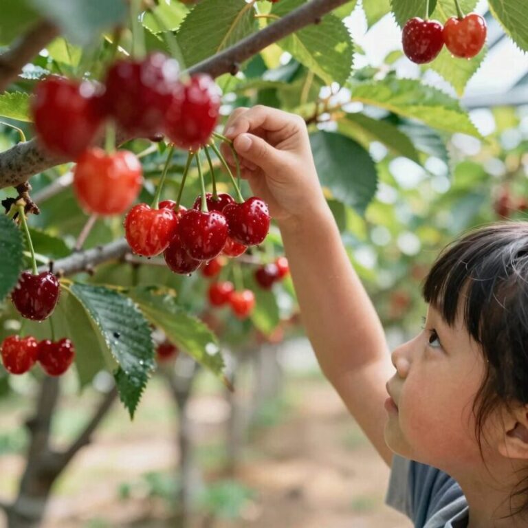강화도 체리체험농장에서 체리를 따는 모습, 붉게 익은 체리가 주렁주렁