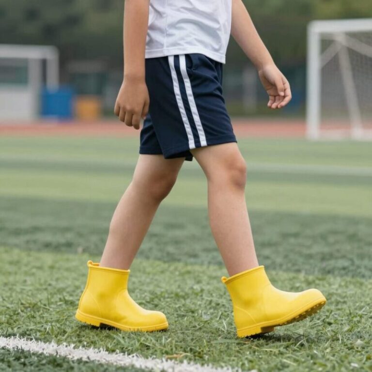 초등학생이 노란색 장화를 신고 비 오는 날 학교 운동장에서 즐겁게 걷고 있는 모습