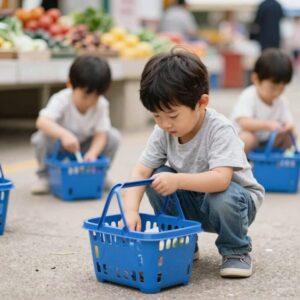 어린이 시장바구니로 시장놀이하는 아이가 직접 장을 보는 모습