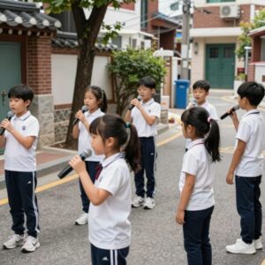 초등학생들이 동네한바퀴 노래를 부르며 가사를 바꾸는 활동 모습