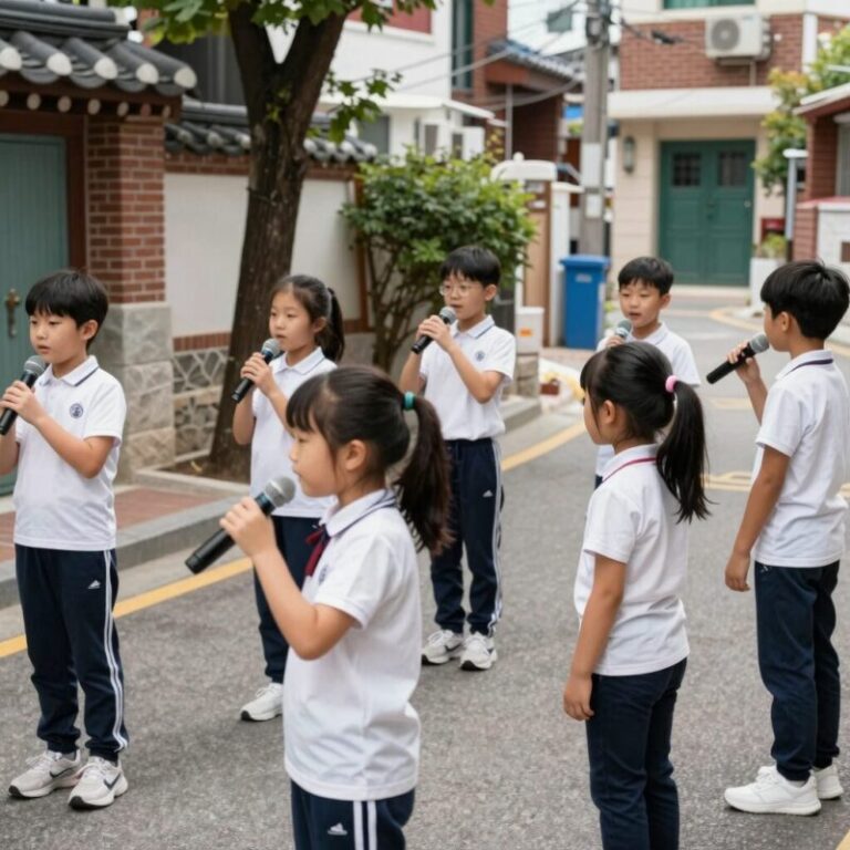 초등학생들이 동네한바퀴 노래를 부르며 가사를 바꾸는 활동 모습