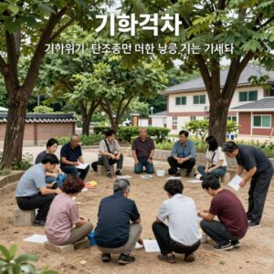 기후격차 개념을 설명하는 그림으로, 취약계층이 기후위기와 탄소중립 전환 과정에서 더 큰 부담을 지는 구조를 시각화