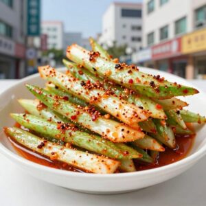 여름 반찬 한국식 오이탕탕이 완성 접시 사진, 아삭한 오이에 고춧가루와 참깨 양념이 골고루 묻어 있다.