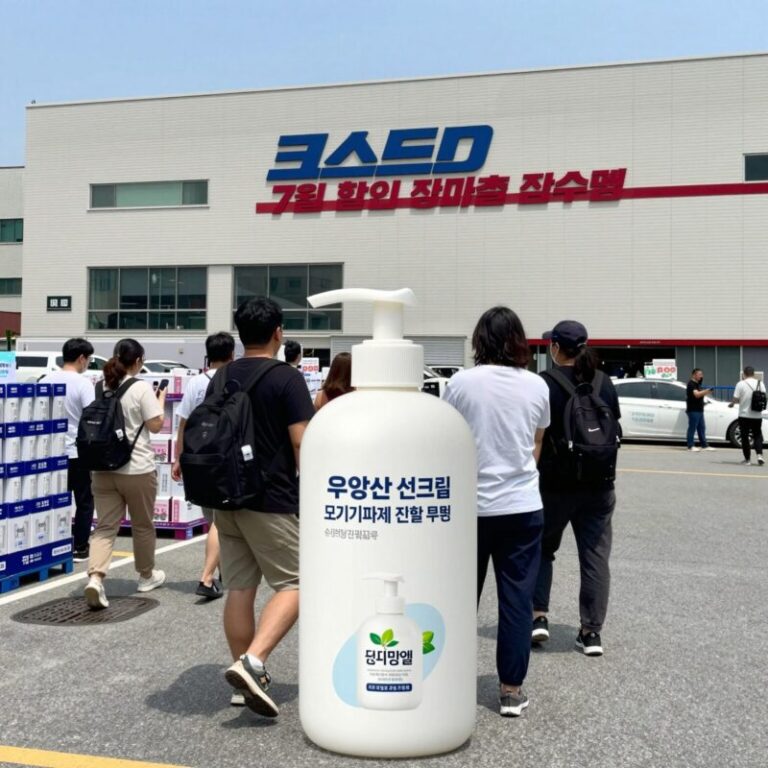 코스트코 7월 할인 장마철 필수템 우양산 선크림 모기기피제 진열 모습