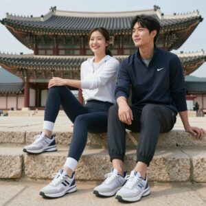 연예인 부부가 커플 운동화를 신고 여행지에서 포즈를 취한 모습