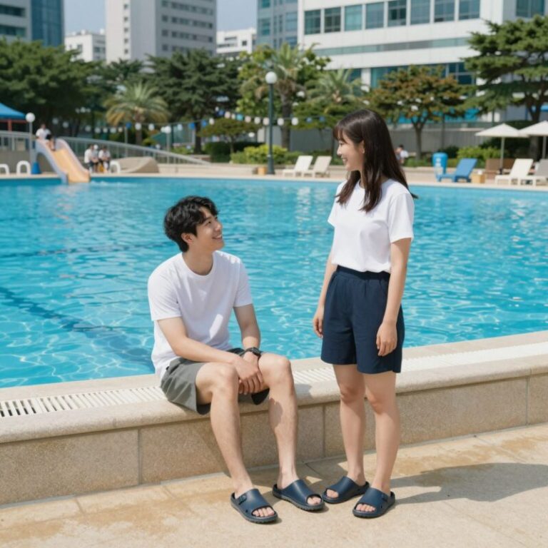 커플이 아쿠아슈즈를 신고 워터파크에서 즐거워하는 모습