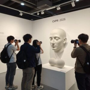 CVPR 2026 전시장에서 3D Gaussian Splatting 데모를 체험하는 관람객들