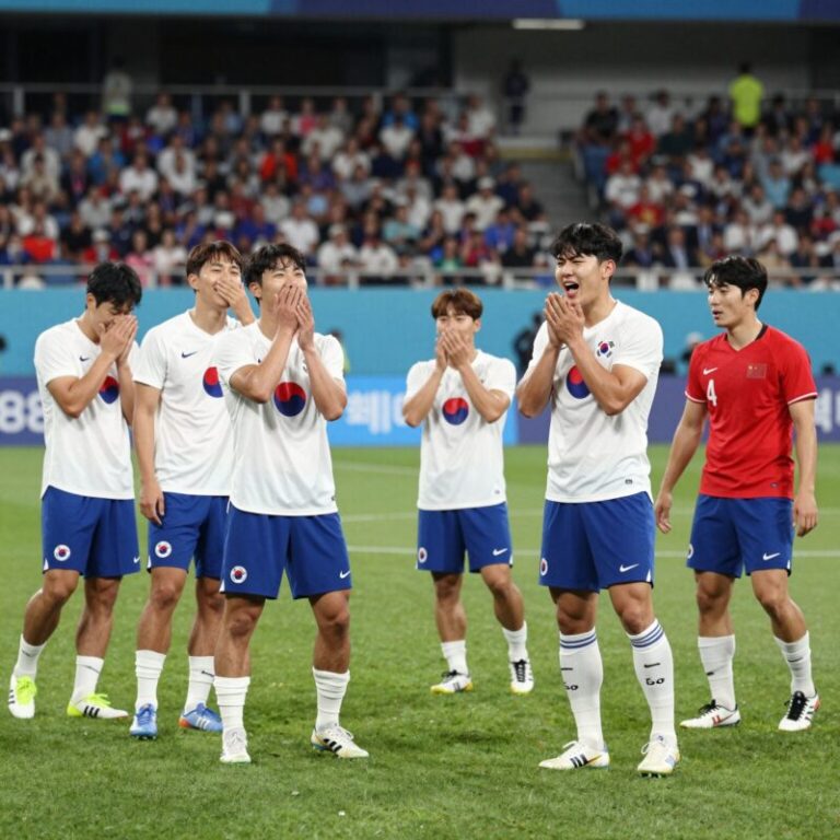 대한민국과 체코의 2026 월드컵 경기 장면. 한국 선수들이 체코를 상대로 승리 후 기뻐하는 모습