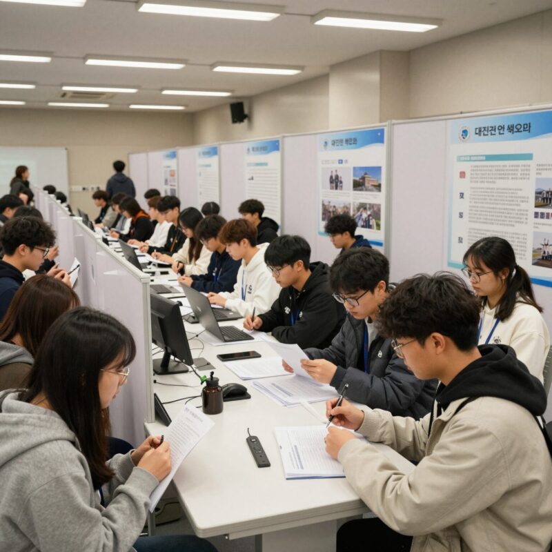 대진연 뜻 완전 정리 1 대진연 설명회에서 학생들이 질문하고 있는 모습, 다양한 대학 부스가 줄지어 있는 광경