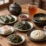 단오 전통 음식이 차려진 상차림. 수리취떡, 앵두화채, 오미자차, 소우족탕 등이 놓여 있다.