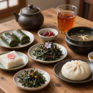 단오 전통 음식이 차려진 상차림. 수리취떡, 앵두화채, 오미자차, 소우족탕 등이 놓여 있다.