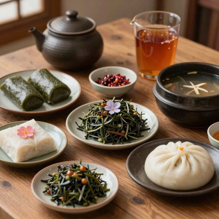 단오 전통 음식이 차려진 상차림. 수리취떡, 앵두화채, 오미자차, 소우족탕 등이 놓여 있다.