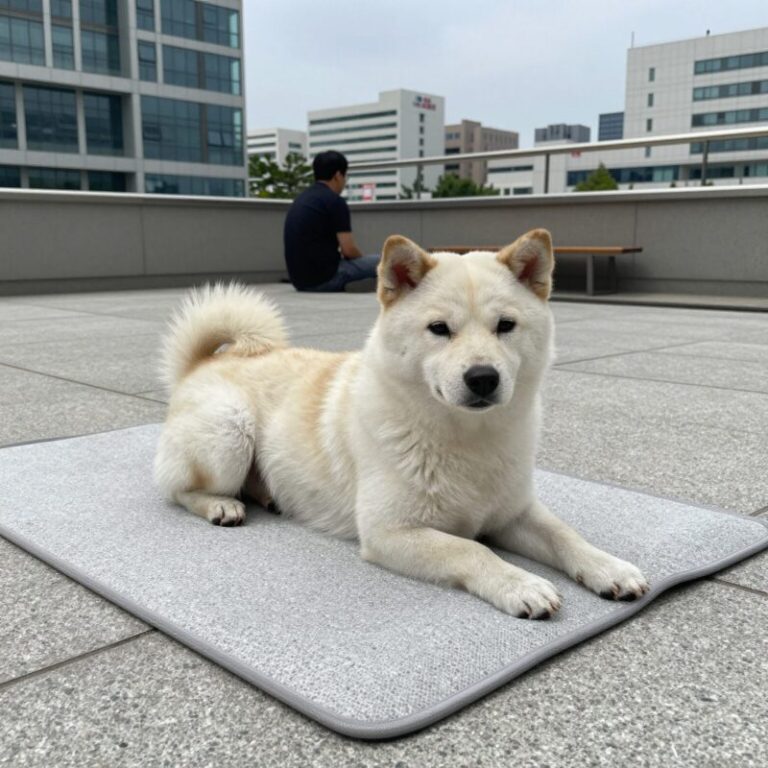 포메라니안이 대리석 쿨매트 위에서 편히 쉬고 있는 모습