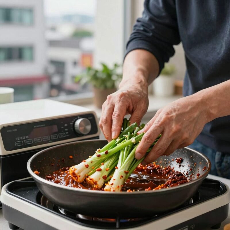 전자레인지로 찐 가지를 손으로 찢어 양념하는 모습