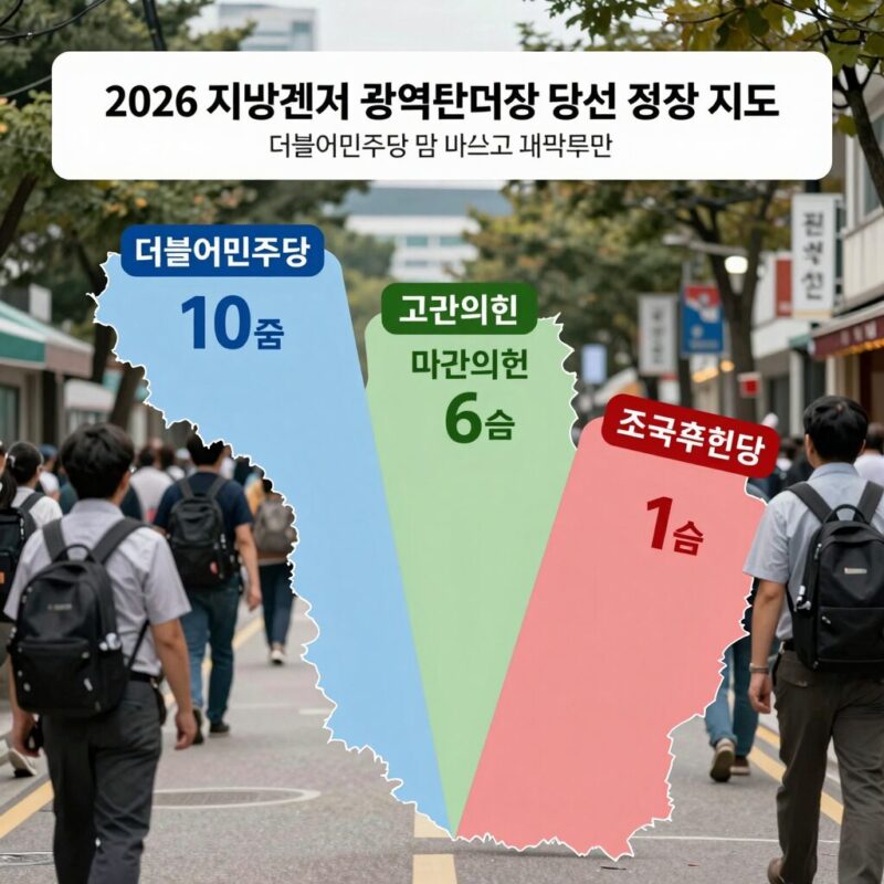 2026 지방선거 광역단체장 당선 정당 지도 - 더불어민주당 10곳 국민의힘 6곳 조국혁신당 1곳