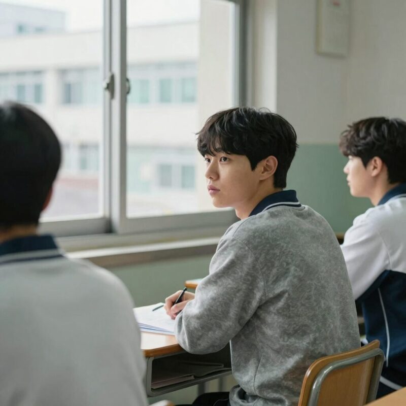 맨끝줄소년 1화에서 강한솔이 교실 맨 뒷줄에 앉아 창밖을 바라보는 장면, 차분한 분위기와 함께 복선을 암시하는 표정