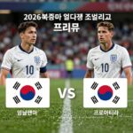잉글랜드와 크로아티아의 2026 북중미 월드컵 조별리그 경기 프리뷰 이미지로, 두 팀의 로고와 주요 선수들이 배치된 그래픽