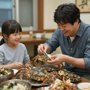 아버지와 가족이 부산 동래 대게좋은날에서 대게를 먹으며 웃고 있는 모습