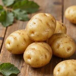 Fresh new potatoes on a rustic wooden surface with green leaves