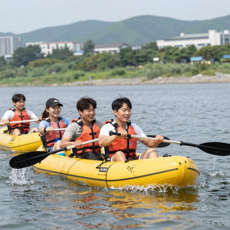 가평수상레저펜션 리버랜드에서 바나나보트를 타는 사람들의 모습. 시원한 물보라와 함께 즐거운 표정이 인상적이다.