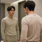 베이지색 지오다노 피케 카라티를 입은 남성이 거울 앞에서 착용 모습을 보여주고 있다. 슬림한 핏이 깔끔하게 떨어지며 카라 디테일이 단정하다.